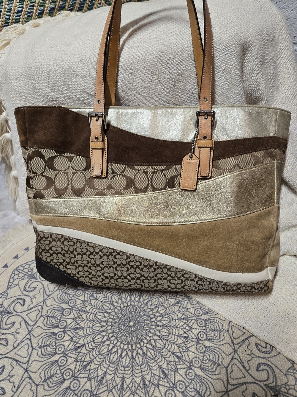 Coach Multi-Tone Brown and Gold Patchwork Tote - Wavy Y2k
